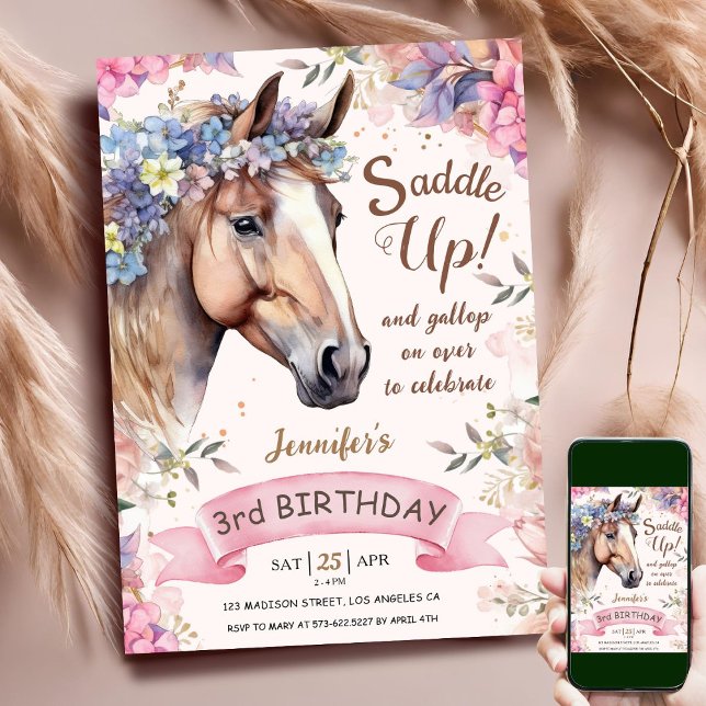 Horse Girl 3rd Birthday Pink Flowers Saddle Up Invitation (Creator Uploaded)