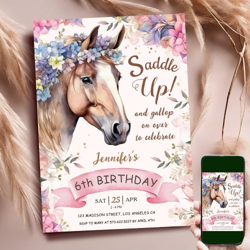 Horse Girl 6th Birthday Pink Flowers Saddle Up Invitation