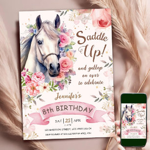 Horse Girl 8th Birthday Pink Flowers Saddle Up Invitation