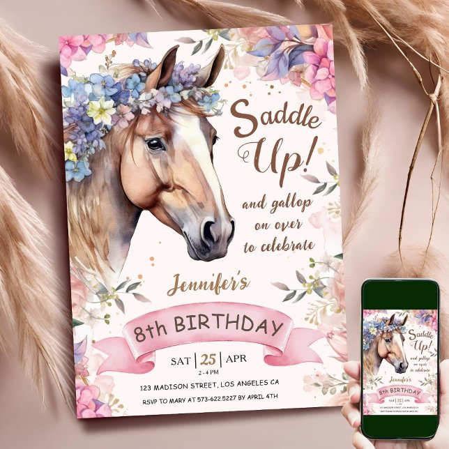 Horse Girl 8th Birthday Pink Flowers Saddle Up Invitation (Creator Uploaded)