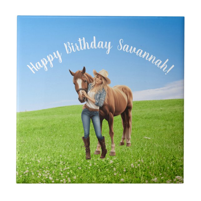 Horse Girl Birthday Celebration Special Message  Ceramic Tile (Front)