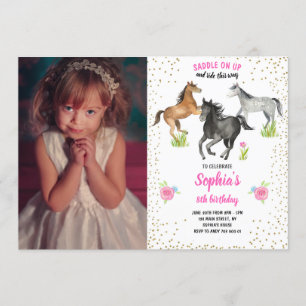 Horse Girl Birthday Invite Pink Floral with Photo