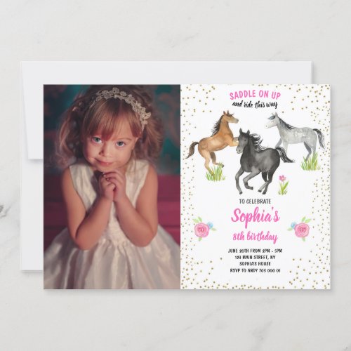 Horse Girl Birthday Invite Pink Floral with Photo