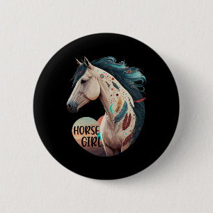 Horse Girl Bohemian Equestrian Portrait Horseback Button