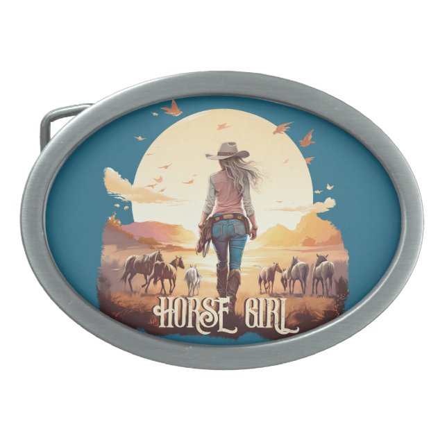 Horse girl Cowgirl horse lover desert sunset Belt Buckle (Front)