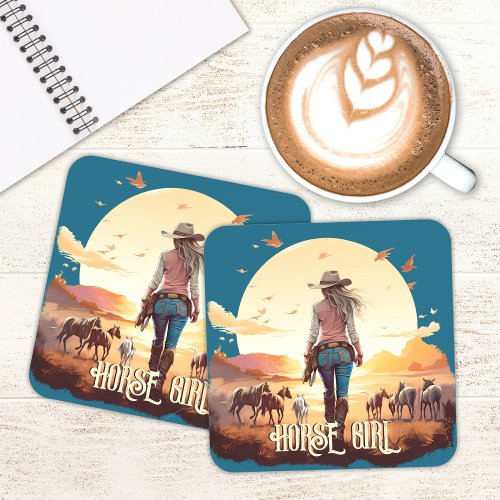 Horse girl Cowgirl horse lover desert sunset Beverage Coaster
