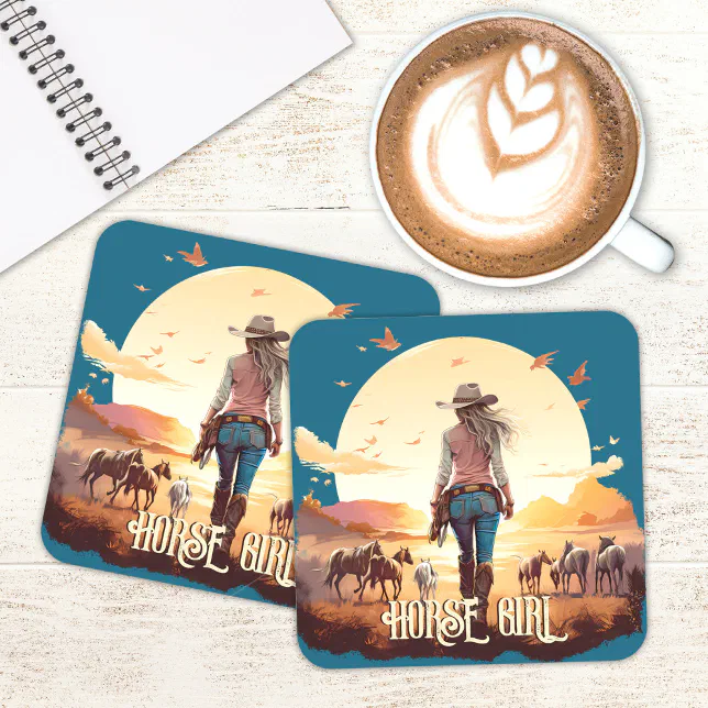 Horse girl Cowgirl horse lover desert sunset Beverage Coaster | Zazzle