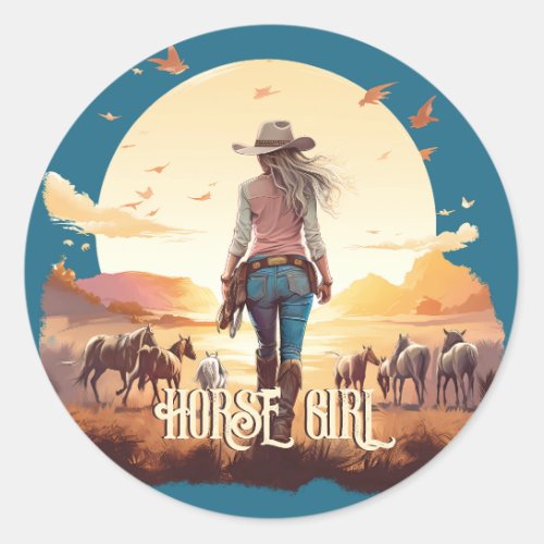 Horse girl Cowgirl horse lover desert sunset Classic Round Sticker