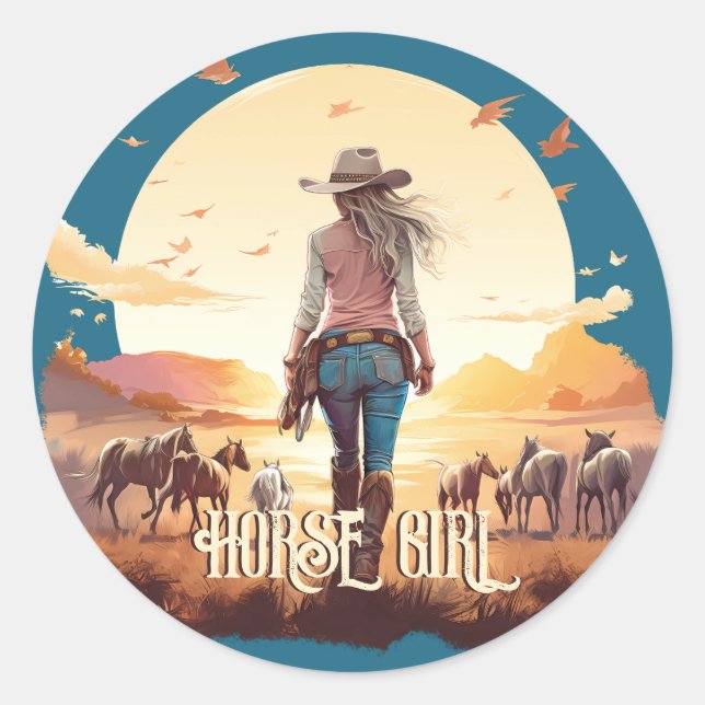 Horse girl Cowgirl horse lover desert sunset Classic Round Sticker (Front)