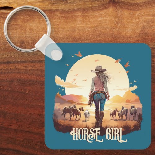 Horse girl Cowgirl horse lover desert sunset Keychain