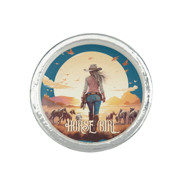 Horse girl Cowgirl horse lover desert sunset Ring (Front)