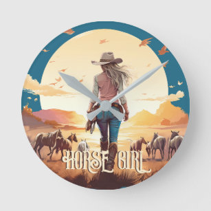 Horse girl Cowgirl horse lover desert sunset Round Clock