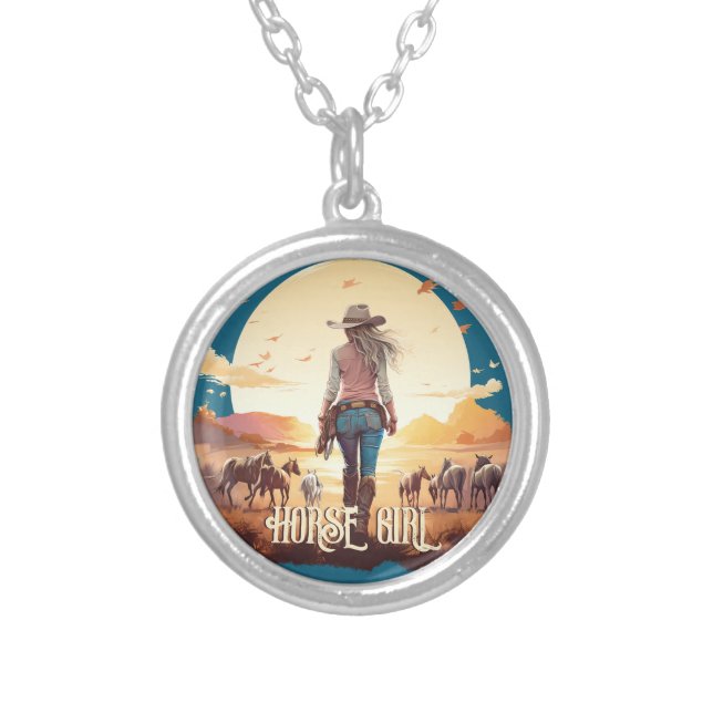 Horse girl Cowgirl horse lover desert sunset Silver Plated Necklace (Front)