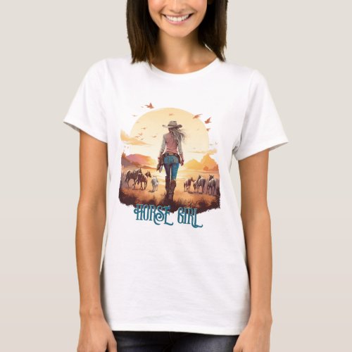 Horse girl Cowgirl horse lover desert sunset T_Shirt