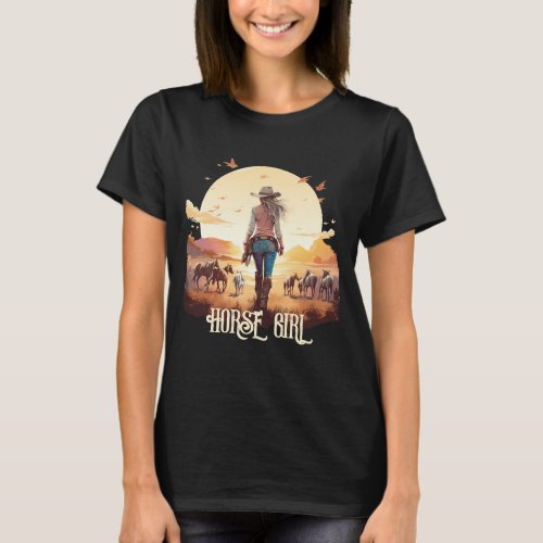 Horse girl Cowgirl horse lover desert sunset T_Shirt