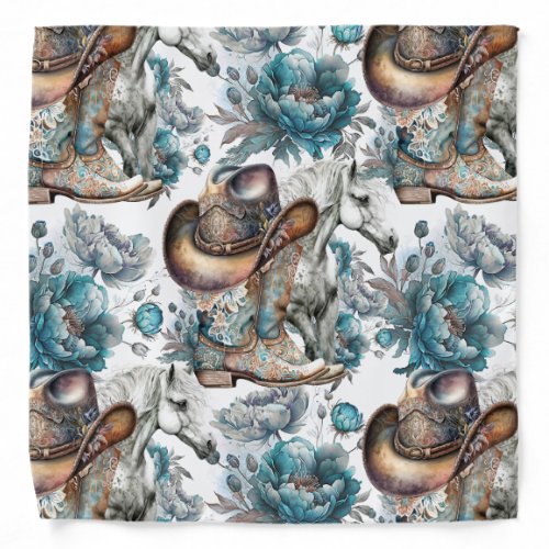 Horse girl cowgirl pattern turquoise floral bandana