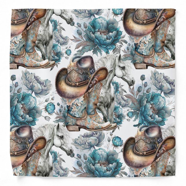Horse girl cowgirl pattern turquoise floral bandana (Front)