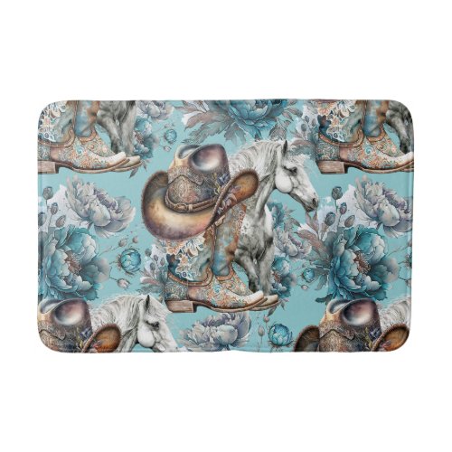 Horse girl cowgirl pattern turquoise floral bath mat