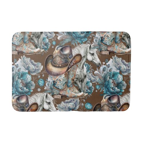 Horse girl cowgirl pattern turquoise floral bath mat