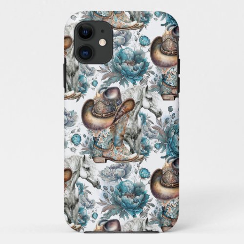 Horse girl cowgirl pattern turquoise floral iPhone 11 case