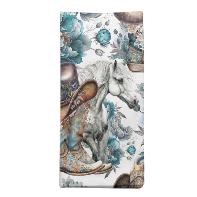 Horse girl cowgirl pattern turquoise floral cloth napkin (Folded)