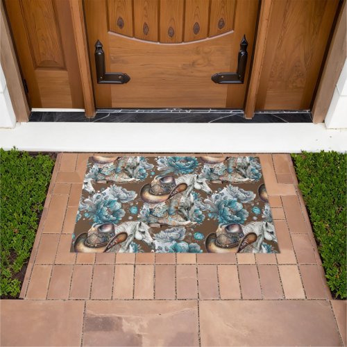 Horse girl cowgirl pattern turquoise floral doormat