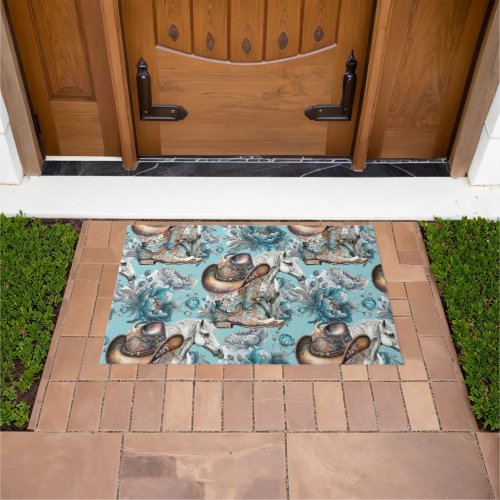 Horse girl cowgirl pattern turquoise floral doormat