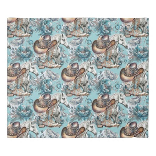 Horse girl cowgirl pattern turquoise floral duvet cover