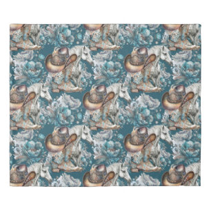 Horse girl cowgirl pattern turquoise floral duvet cover
