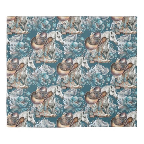 Horse girl cowgirl pattern turquoise floral duvet cover