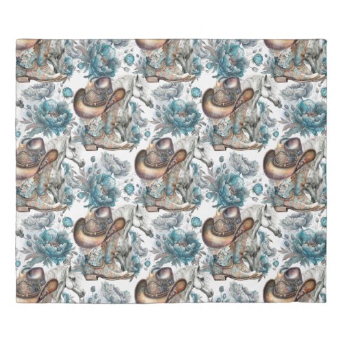 Horse girl cowgirl pattern turquoise floral duvet cover