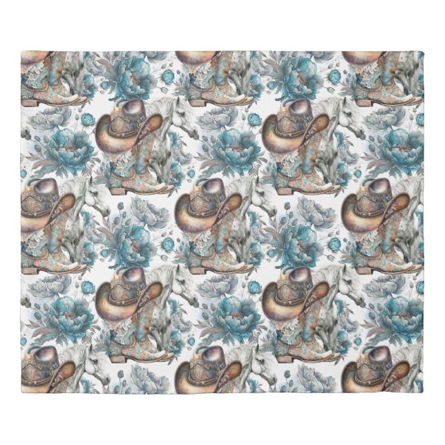 Horse girl cowgirl pattern turquoise floral duvet cover (Front)