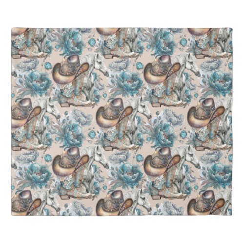 Horse girl cowgirl pattern turquoise floral duvet cover