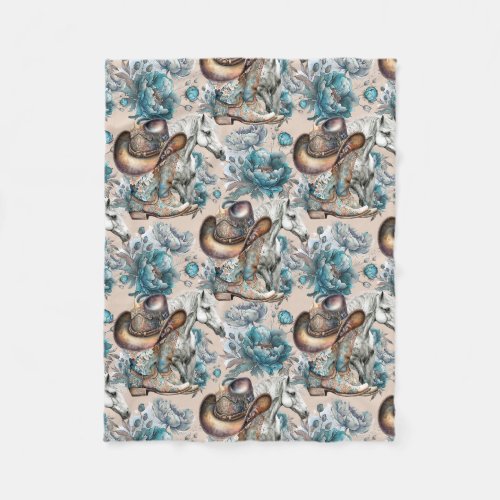 Horse girl cowgirl pattern turquoise floral fleece blanket