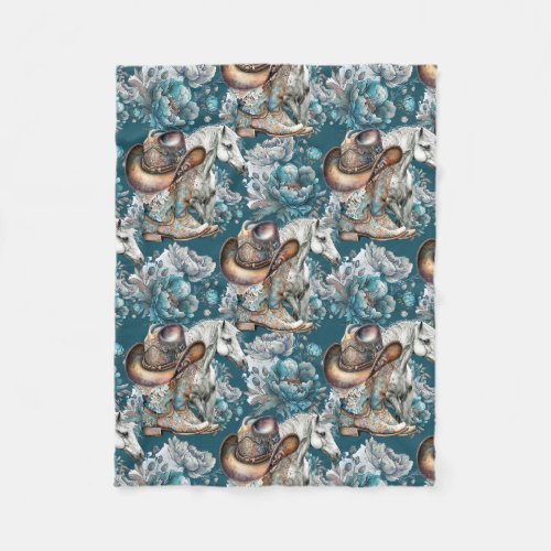 Horse girl cowgirl pattern turquoise floral fleece blanket
