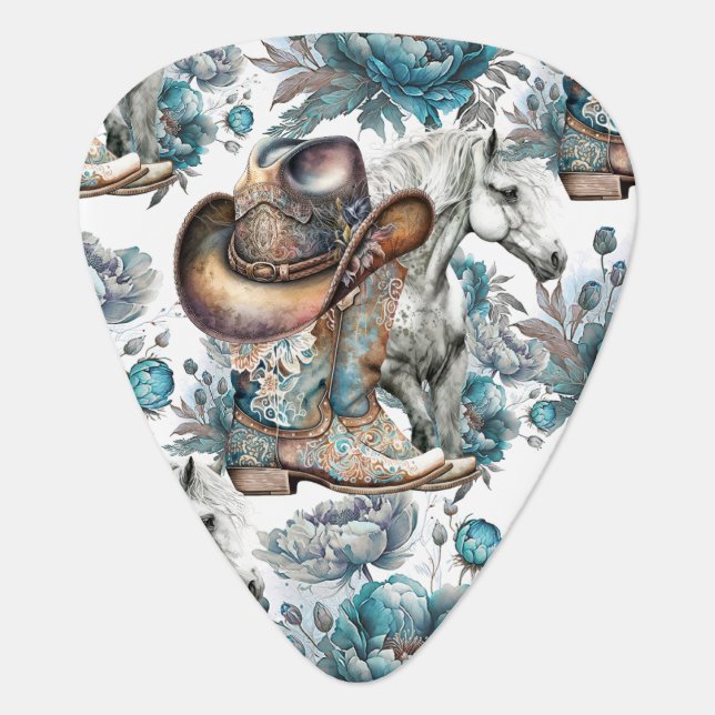 Horse girl cowgirl pattern turquoise floral guitar pick (Front)