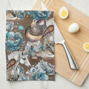 Horse girl cowgirl pattern turquoise floral kitchen towel