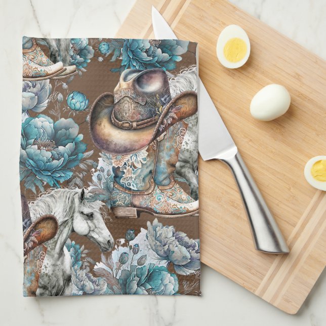 Horse girl cowgirl pattern turquoise floral kitchen towel (Quarter Fold)