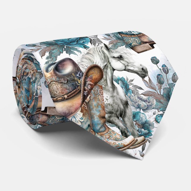 Horse girl cowgirl pattern turquoise floral neck tie (Rolled)