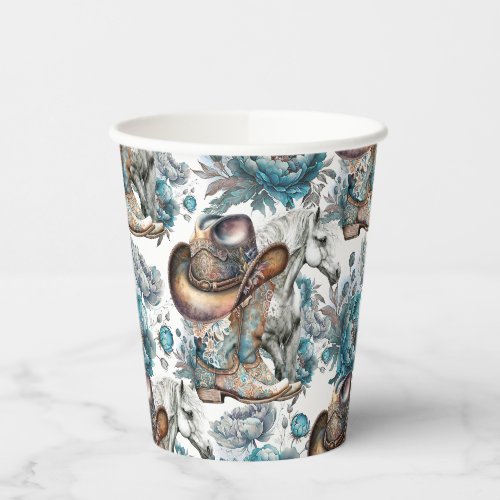 Horse girl cowgirl pattern turquoise floral paper cups