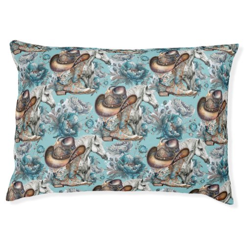 Horse girl cowgirl pattern turquoise floral pet bed