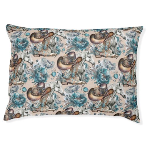 Horse girl cowgirl pattern turquoise floral pet bed