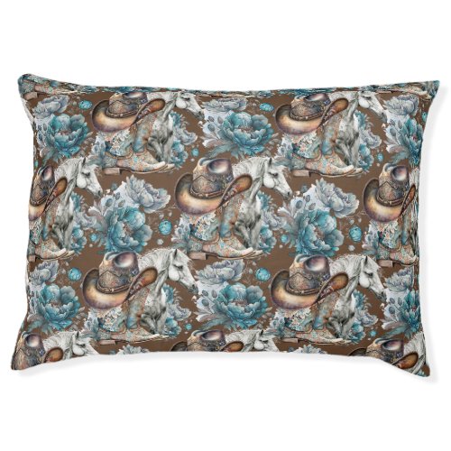 Horse girl cowgirl pattern turquoise floral pet bed