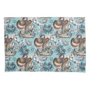 Horse girl cowgirl pattern turquoise floral pillow case