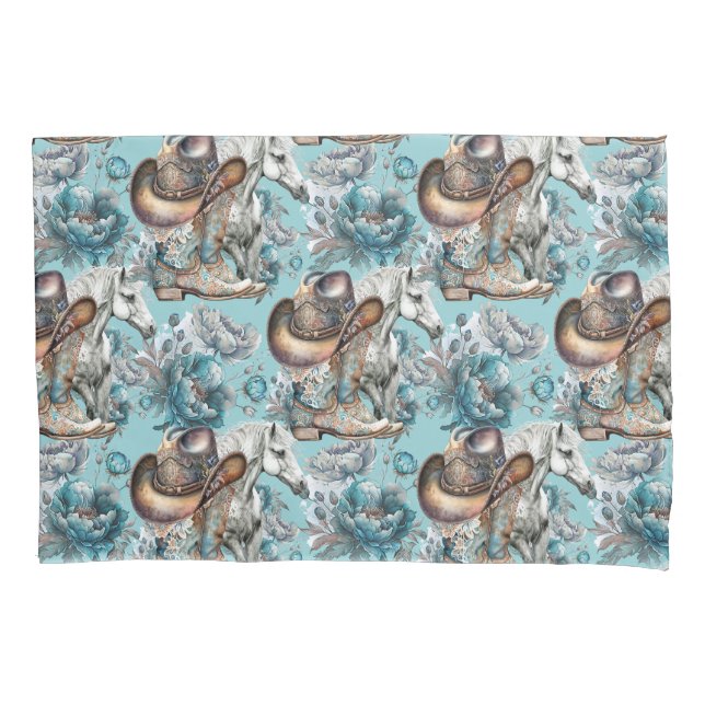Horse girl cowgirl pattern turquoise floral pillow case (Front)