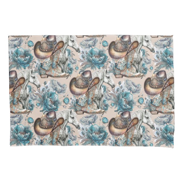 Horse girl cowgirl pattern turquoise floral pillow case (Front)