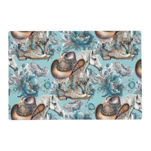 Horse girl cowgirl pattern turquoise floral placemat