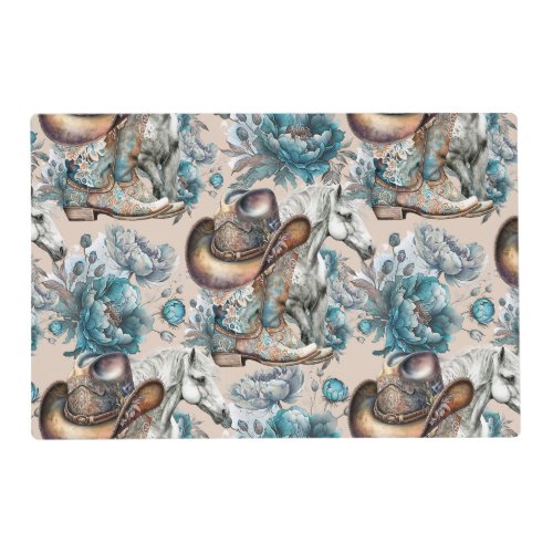 Horse girl cowgirl pattern turquoise floral placemat