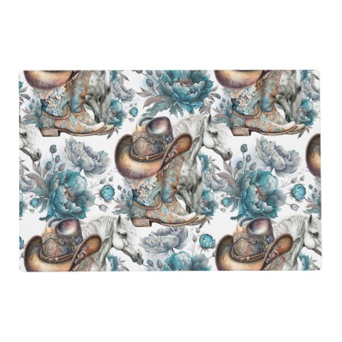 Horse girl cowgirl pattern turquoise floral placemat