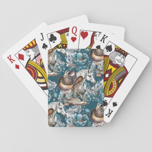 Horse girl cowgirl pattern turquoise floral playing cards